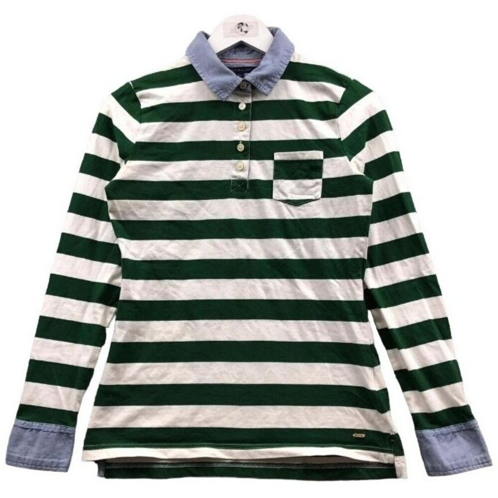 Tommy Hilfiger Women's Collared Striped Pocket Long Sleeve Polo Shirt Medium - Picture 2 of 12